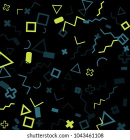 Memphis background.  Vintage background with different color figures for card or banner. Memphis background with figures of different forms and colors for your design. Vector texture.