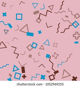 Memphis background.  Vintage background with different  color figures for poster or card. Abstract memphis background with geometric colorful figures for your design. Vector texture.