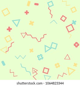 Memphis background.  Vintage background with different  color figures for card or banner. Abstract memphis background with geometric colorful figures for your design. Vector texture.