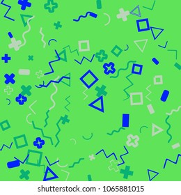 Memphis background.  Vintage background with different  color figures for poster or card. Abstract memphis background with geometric colorful figures for your design. Vector texture.