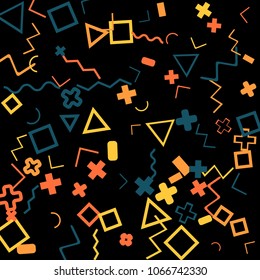 Memphis background.  Vintage background with different color figures for print or mobile application. Memphis background with figures of different forms and colors for your design. Vector texture.
