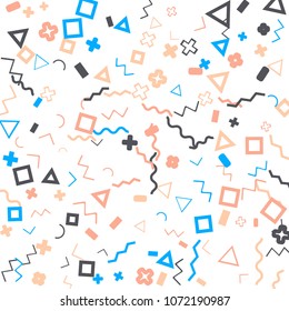 Memphis background.  Vintage background with different color figures for poster or print. Memphis background with figures of different forms and colors for your design. Vector texture.
