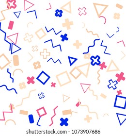 Memphis background.  Vintage background with different color figures for mobile application or poster. Memphis background with figures of different forms and colors for your design. Vector texture.