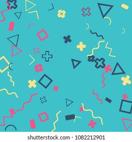 Memphis background.  Vintage background with different  color figures for print or card. Abstract memphis background with geometric colorful figures for your design. Vector texture.