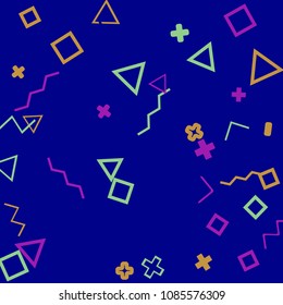 Memphis background.  Vintage background with different  color figures for card or banner. Abstract memphis background with geometric colorful figures for your design. Vector texture.