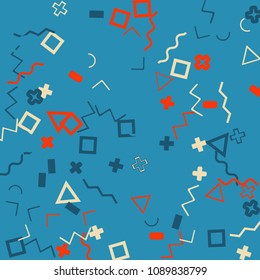 Memphis background.  Vintage background with different  color figures for poster or card. Abstract memphis background with geometric colorful figures for your design. Vector texture.