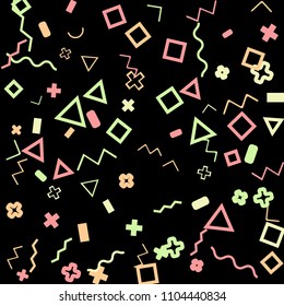 Memphis background.  Vintage background with different color figures for mobile application or poster. Memphis background with figures of different forms and colors for your design. Vector texture.