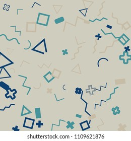 Memphis background.  Vintage background with different  color figures for print or card. Abstract memphis background with geometric colorful figures for your design. Vector texture.