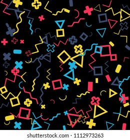 Memphis background.  Vintage background with different color figures for card or banner. Memphis background with figures of different forms and colors for your design. Vector texture.