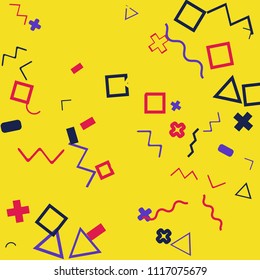 Memphis background.  Vintage background with different  color figures for print or card. Abstract memphis background with geometric colorful figures for your design. Vector texture.