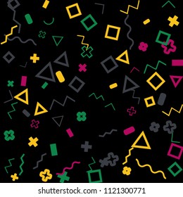 Memphis background.  Vintage background with different color figures for print or mobile application. Memphis background with figures of different forms and colors for your design. Vector texture.