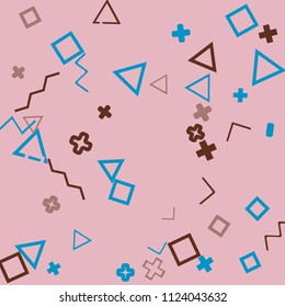 Memphis background.  Vintage background with different  color figures for poster or card. Abstract memphis background with geometric colorful figures for your design. Vector texture.