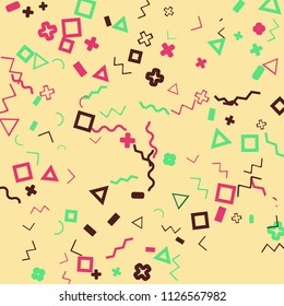 Memphis background.  Vintage background with different  color figures for mobile application or card. Abstract memphis background with geometric colorful figures for your design. Vector texture.
