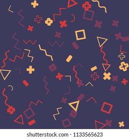 Memphis background.  Vintage background with different  color figures for poster or card. Abstract memphis background with geometric colorful figures for your design. Vector texture.
