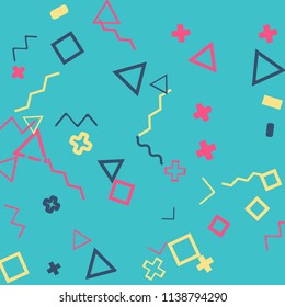 Memphis background.  Vintage background with different  color figures for poster or card. Abstract memphis background with geometric colorful figures for your design. Vector texture.