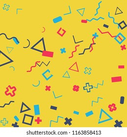 Memphis background.  Vintage background with different  color figures for print or card. Abstract memphis background with geometric colorful figures for your design. Vector texture.