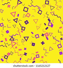 Memphis background.  Vintage background with different  color figures for poster or card. Abstract memphis background with geometric colorful figures for your design. Vector texture.