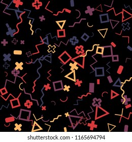 Memphis background.  Vintage background with different color figures for card or banner. Memphis background with figures of different forms and colors for your design. Vector texture.