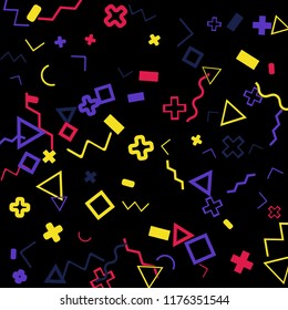 Memphis background.  Vintage background with different color figures for poster or print. Memphis background with figures of different forms and colors for your design. Vector texture.