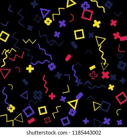 Memphis background.  Vintage background with different color figures for card or banner. Memphis background with figures of different forms and colors for your design. Vector texture.