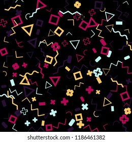 Memphis background.  Vintage background with different color figures for mobile application or poster. Memphis background with figures of different forms and colors for your design. Vector texture.