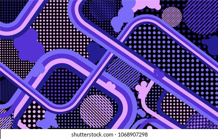 Memphis background. Vintage pattern with color strips and different elements for paper or print. Retro Pattern with Color Elements for your Design. Vector Texture.