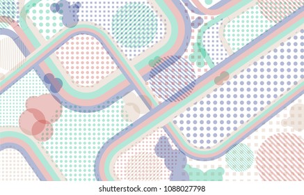 Memphis background. Vintage pattern with color strips and different elements for textile or wallpaper. Pop-Art Style. Vintage Background with Color Elements in Disco Style. Vector Texture.