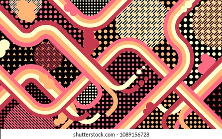 Memphis background. Vintage pattern with color strips and different elements for banner or mobile application. Retro Pattern with Color Elements for your Design. Vector Texture.