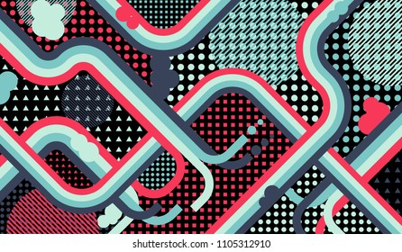 Memphis background. Vintage pattern with color strips and different elements for card or flyer. Retro-Fututristic Background with Color Elements in Disco Style. Vector Texture.