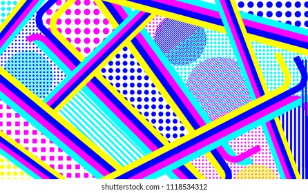 Memphis background. Vintage pattern with color strips and different elements for paper or print. Pop-Art Style. Vintage Background with Color Elements in Disco Style. Vector Texture.
