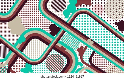 Memphis background. Vintage pattern with color strips and different elements for paper or print. Retro Pattern with Color Elements for your Design. Vector Texture.