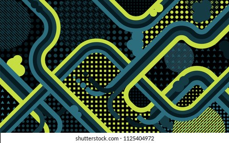 Memphis background. Vintage pattern with color strips and different elements for card or flyer. Pop-Art Style. Vintage Background with Color Elements in Disco Style. Vector Texture.