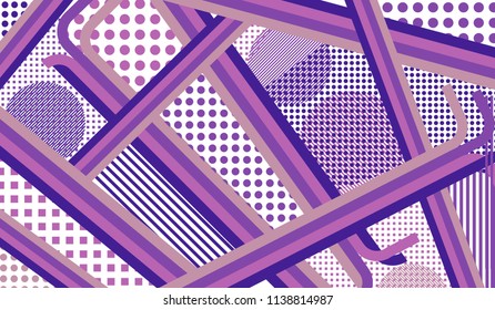 Memphis background. Vintage pattern with color strips and different elements for paper or print. Retro-Fututristic Background with Color Elements in Disco Style. Vector Texture.