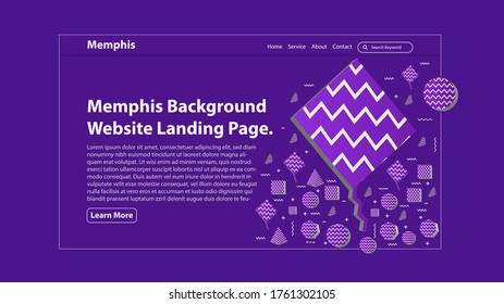 Memphis background website landing page. Abstract website ui design. Kite and geometric shapes background. 3d geometric shape wbsite.