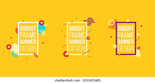 Memphis Banner Design Set with Fluid Colors and Frame, Place for text. Flat Orange Background. ideal for Poster, Cover, Social Media Sales, Card