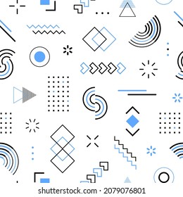 Memphis blue seamless pattern. Abstract geometric shape printing. Repeated graphic element printed. Geometrical texture. Geometry background. Repeating patern. Modern geo design for print. Vector