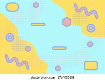 Memphis blue and yellow wave poster frame template of colorful present card  background.