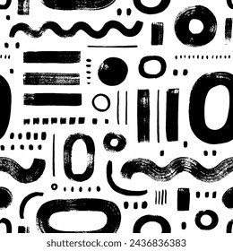 Memphis brush drawn geometric shapes seamless pattern. Hand drawn straight brush strokes, bold and thin lines, dots, circles and waves. Abstract memphis vector background, tech geometric wallpaper.