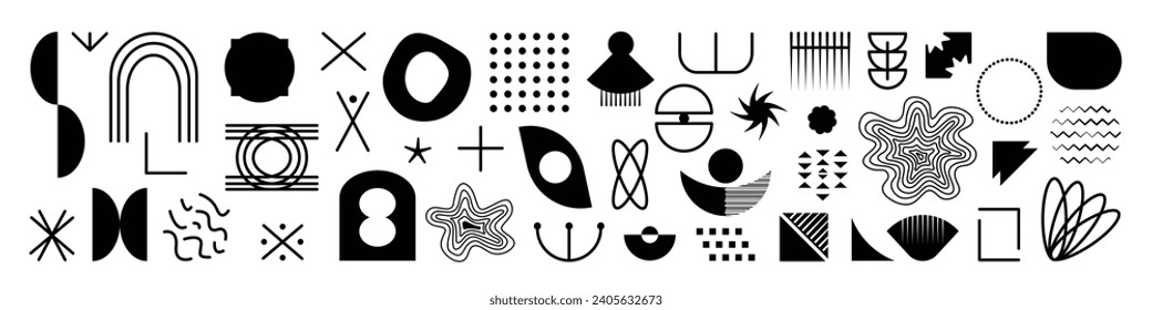 Memphis brutales elementos primitivos, conjunto vectorial de formas geométricas creativas abstractas, señales planas y de línea negras 