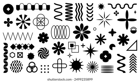 Memphis or brutalist style shapes. Vector isolated abstract forms with stars, flowers and spiral, wavy and straight lines. Graphic decoration for typography, grungy modern trendy artwork