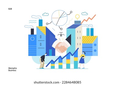 Memphis business illustration. B2B -modern flat vector concept illustration of handshaking partners, industrial buildings and chart with managers. Corporate business partnership metaphor.