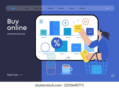 Memphis business illustration. Buy online -modern flat vector concept illustration of a woman with a shopping cart choosing articles in a shop app. Commercial business sales metaphor.
