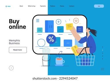 Memphis business illustration. Buy online -modern flat vector concept illustration of a woman with a shopping cart choosing articles in a shop app. Commercial business sales metaphor.