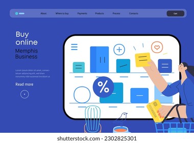 Memphis business illustration. Buy online -modern flat vector concept illustration of a woman with a shopping cart choosing articles in a shop app. Commercial business sales metaphor.