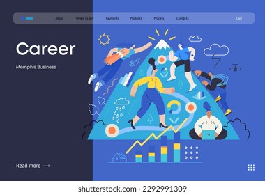 Memphis business illustration. Career-modern flat vector concept illustration of people climbing the mountain. Climbing up the career ladder process metaphor. Corporate business metaphor