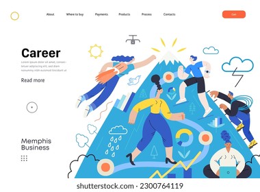 Memphis business illustration. Career-modern flat vector concept illustration of people climbing the mountain. Climbing up the career ladder process metaphor. Corporate business metaphor