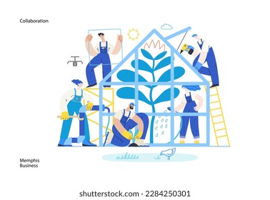 Memphis business illustration. Collaboration -modern flat vector concept illustration, team, people working together in greenhouse, constructing, watering, planting. Corporate teamwork metaphor.