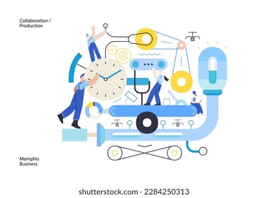 Memphis business illustration. Collaboration -modern flat vector concept illustration of team, people working together on a product mechanism in a factory. Corporate teamwork metaphor.