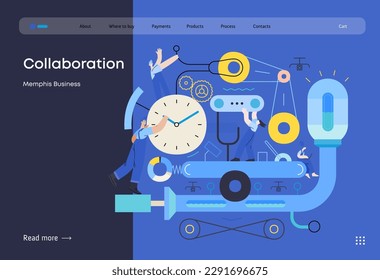 Memphis business illustration. Collaboration -modern flat vector concept illustration of team, people working together on a product mechanism in a factory. Corporate teamwork metaphor.