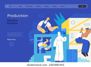 Memphis business illustration. Collaboration -modern flat vector concept illustration, team, people constructing a building together, painting, assembling, mounting. Corporate teamwork metaphor.